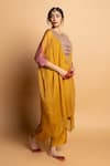 Pants And Pajamas_Mustard Silk Organza Embroidery, Zari Round Neck Ratnaanini Kaftan _at_Aza_Fashions