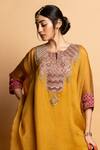 Buy_Pants And Pajamas_Mustard Silk Organza Embroidery, Zari Round Neck Ratnaanini Kaftan 