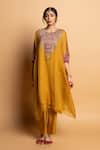 Pants And Pajamas_Mustard Organza, Cotton, Embroidery Round Neck Ratnaanini Kaftan Set _at_Aza_Fashions
