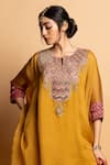 Shop_Pants And Pajamas_Mustard Organza, Cotton, Embroidery Round Neck Ratnaanini Kaftan Set 
