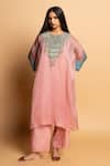 Buy_Pants And Pajamas_Pink Silk Organza Embroidery, Zari Round Neck Ratnaanini Kaftan _Online_at_Aza_Fashions