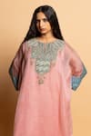 Shop_Pants And Pajamas_Pink Silk Organza Embroidery, Zari Round Neck Ratnaanini Kaftan _Online_at_Aza_Fashions