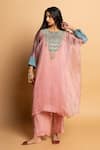 Buy_Pants And Pajamas_Pink Silk Organza Embroidery, Zari Round Neck Ratnaanini Kaftan _at_Aza_Fashions