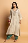 Shop_Pants And Pajamas_Off White Chanderi Embroidery, Zari V-neck Nazakat Kaftan _Online_at_Aza_Fashions