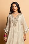 Pants And Pajamas_Off White Chanderi Embroidery, Zari V-neck Nazakat Kaftan _at_Aza_Fashions