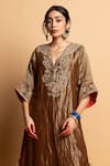 Buy_Pants And Pajamas_Brown Chanderi Embroidery, Zari V-neck Nazakat Kaftan 