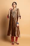 Buy Pants And Pajamas Brown Chanderi, Silk Embroidery, Zari V-neck Nazakat Kaftan Set at Aza Fashions Buy_Pants And Pajamas_Brown Chanderi, Silk Embroidery, Zari V-neck Nazakat Kaftan Set _at_Aza_Fashions