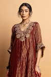 Pants And Pajamas Maroon Chanderi Embroidery, Zari V-neck Shama-e-awadh Kaftan at Aza Fashions Pants And Pajamas_Maroon Chanderi Embroidery, Zari V-neck Shama-e-awadh Kaftan _at_Aza_Fashions