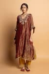 Buy_Pants And Pajamas_Maroon Chanderi, Cotton, Silk Zari, Embroidery V-neck Shama-e-awadh Kaftan Set _at_Aza_Fashions