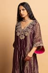 Pants And Pajamas_Purple Chanderi Embroidery, Zari V-neck Shama-e-awadh Kaftan _Online_at_Aza_Fashions