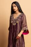 Buy_Pants And Pajamas_Purple Chanderi, Cotton, Silk Embroidery, Zari V-neck Shama-e-awadh Kaftan Set _Online_at_Aza_Fashions
