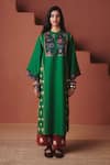 Shop_Saphed_Green Cotton, Linen Embroidery, Zari Mandarin Paan Multi-panelled Kurta Set _Online_at_Aza_Fashions