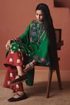 Saphed_Green Cotton, Linen Embroidery, Zari Mandarin Paan Multi-panelled Kurta Set _at_Aza_Fashions