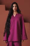 Saphed Magenta Cotton, Linen Embroidery Split V-neck Orchid Kurta Farsi Pant Set Online at Aza Fashions Saphed_Magenta Cotton, Linen Embroidery Split V-neck Orchid Kurta Farsi Pant Set _Online_at_Aza_Fashions
