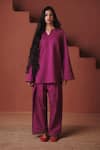 Buy Saphed Magenta Cotton, Linen Embroidery Split V-neck Orchid Kurta Farsi Pant Set at Aza Fashions Buy_Saphed_Magenta Cotton, Linen Embroidery Split V-neck Orchid Kurta Farsi Pant Set _at_Aza_Fashions