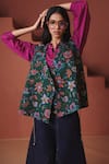 Buy_Saphed_Green Cotton, Linen V-neck Paan Chintz Print Wrap Waistcoat _at_Aza_Fashions