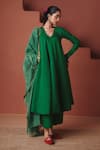 Buy_Saphed_Green Cotton, Linen, Chanderi Embroidery, Zari V-neck Paan Pocket Kurta Set _Online_at_Aza_Fashions