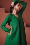Shop_Saphed_Green Cotton, Linen, Chanderi Embroidery, Zari V-neck Paan Pocket Kurta Set _Online_at_Aza_Fashions