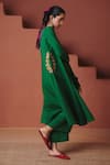 Saphed_Green Cotton, Linen, Chanderi Embroidery, Zari V-neck Paan Pocket Kurta Set _at_Aza_Fashions