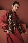 Buy_Saphed_Red Cotton, Linen Embroidery, Gota Patti Round Neck Brick Sack Dress _Online_at_Aza_Fashions