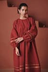 Shop_Saphed_Red Cotton, Linen Embroidery, Gota Patti Round Neck Brick Sack Dress _Online_at_Aza_Fashions