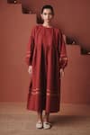 Saphed_Red Cotton, Linen Embroidery, Gota Patti Round Neck Brick Sack Dress _at_Aza_Fashions