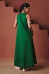 Shop_Saphed_Green Cotton, Linen V-neck Paan Flared Dress _at_Aza_Fashions