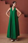 Buy_Saphed_Green Cotton, Linen V-neck Paan Flared Dress _Online_at_Aza_Fashions