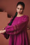 Saphed_Purple Cotton, Linen Gota Patti, Embroidery Round Neck Orchid Sack Dress _Online_at_Aza_Fashions