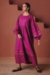 Buy_Saphed_Purple Cotton, Linen Gota Patti, Embroidery Round Neck Orchid Sack Dress _at_Aza_Fashions