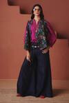Shop_Saphed_Magenta Cotton, Linen Split V-neck Orchid Billow Top With Neel Denim Pant _Online_at_Aza_Fashions