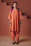 Saphed_Orange Cotton, Linen Beads, Embroidery Split V-neck Marigold Pheran Kurta Set _Online_at_Aza_Fashions