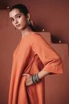 Shop_Saphed_Orange Cotton, Linen Beads, Embroidery Split V-neck Marigold Pheran Kurta Set _Online_at_Aza_Fashions