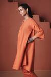 Saphed_Orange Cotton, Linen Beads, Embroidery Split V-neck Marigold Pheran Kurta Set _at_Aza_Fashions