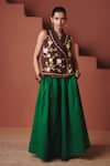 Shop_Saphed_Green Cotton, Linen Paan Multi-pleated _Online_at_Aza_Fashions