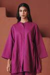 Saphed_Magenta Cotton, Linen Embroidery Mandarin Collar Orchid Gathered Shirt Set _Online_at_Aza_Fashions