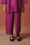 Buy_Saphed_Magenta Cotton, Linen Embroidery Mandarin Collar Orchid Gathered Shirt Set _Online_at_Aza_Fashions