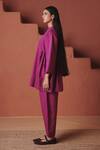 Shop_Saphed_Magenta Cotton, Linen Embroidery Mandarin Collar Orchid Gathered Shirt Set _Online_at_Aza_Fashions