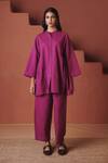 Buy_Saphed_Magenta Cotton, Linen Embroidery Mandarin Collar Orchid Gathered Shirt Set _at_Aza_Fashions