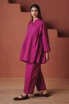 Saphed_Magenta Cotton, Linen Embroidery Mandarin Collar Orchid Gathered Shirt Set _at_Aza_Fashions