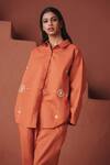 Buy_Saphed_Orange Cotton, Linen Zari, Embroidery Collared Marigold Oversized Shirt _at_Aza_Fashions
