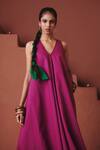 Saphed Magenta Cotton, Linen V-neck Orchid Flared Dress Online at Aza Fashions Saphed_Magenta Cotton, Linen V-neck Orchid Flared Dress _Online_at_Aza_Fashions