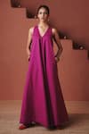 Buy Saphed Magenta Cotton, Linen V-neck Orchid Flared Dress at Aza Fashions Buy_Saphed_Magenta Cotton, Linen V-neck Orchid Flared Dress _at_Aza_Fashions