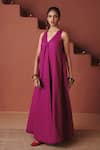 Shop Saphed Magenta Cotton, Linen V-neck Orchid Flared Dress Online at Aza Fashions Shop_Saphed_Magenta Cotton, Linen V-neck Orchid Flared Dress _Online_at_Aza_Fashions