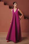 Saphed Magenta Cotton, Linen V-neck Orchid Flared Dress at Aza Fashions Saphed_Magenta Cotton, Linen V-neck Orchid Flared Dress _at_Aza_Fashions