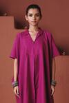 Saphed_Magenta Cotton, Linen Collared, V-neck Orchid Kaftan Dress _Online_at_Aza_Fashions