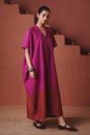 Shop_Saphed_Magenta Cotton, Linen Collared, V-neck Orchid Kaftan Dress _Online_at_Aza_Fashions