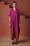 Saphed_Magenta Cotton, Linen Collared, V-neck Orchid Kaftan Dress _at_Aza_Fashions