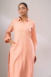 Naintara Bajaj_Peach Cotton Cut Work Collared Hakoba A-line Kurti And Straight Pant Set _Online_at_Aza_Fashions