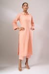Shop_Naintara Bajaj_Peach Cotton Cut Work Collared Hakoba A-line Kurti And Straight Pant Set _Online_at_Aza_Fashions